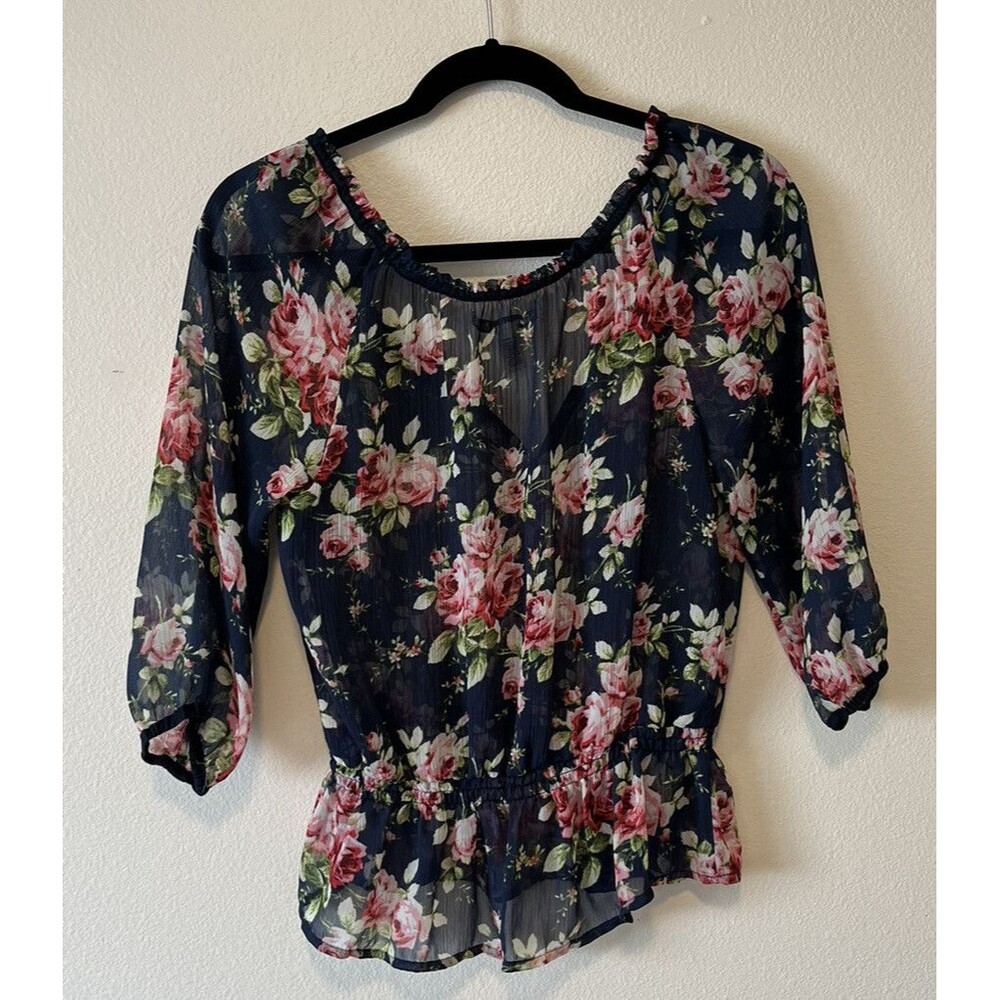 Abercrombie & Fitch Semi Sheer Womens Top Size Small Navy Floral Peasant - Picture 2 of 7
